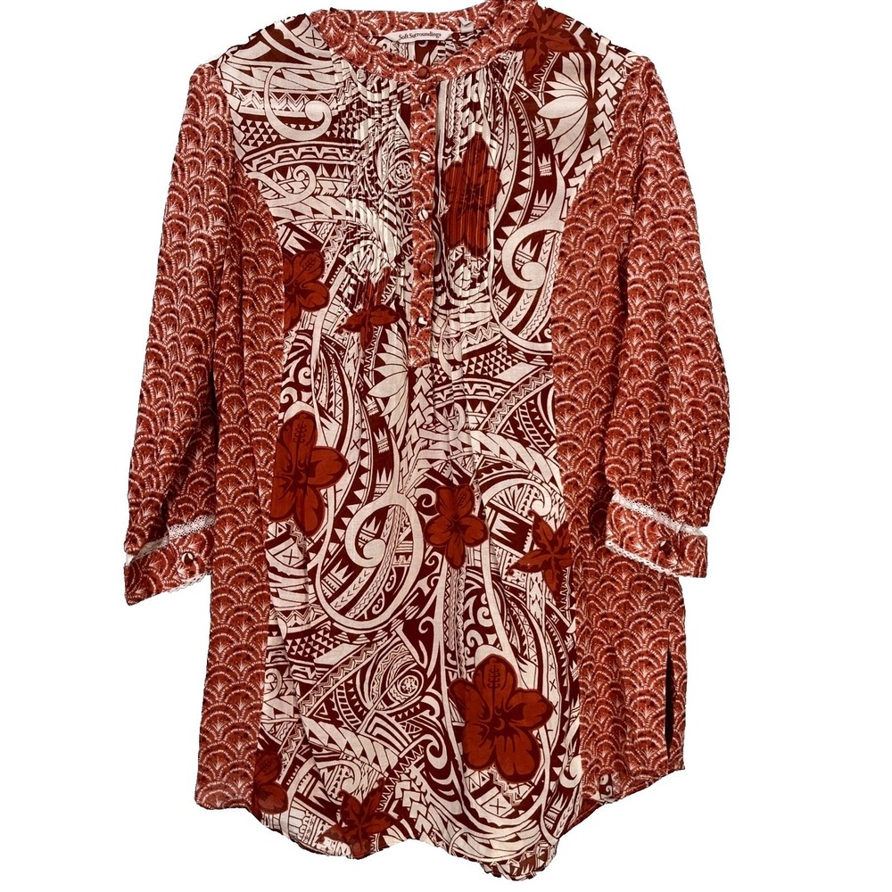Soft Surroundings Popover‎ Tunic Sz S Mixed Print 3/4 Sleeve Red Paisley Floral